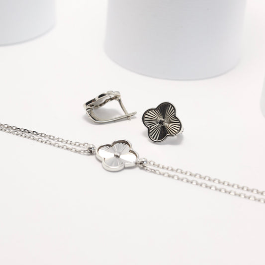Radiant Engraved Clover Jewelry Set | 925 Sterling Silver Earrings & Bracelet — Срібний комплект з гравіюванням