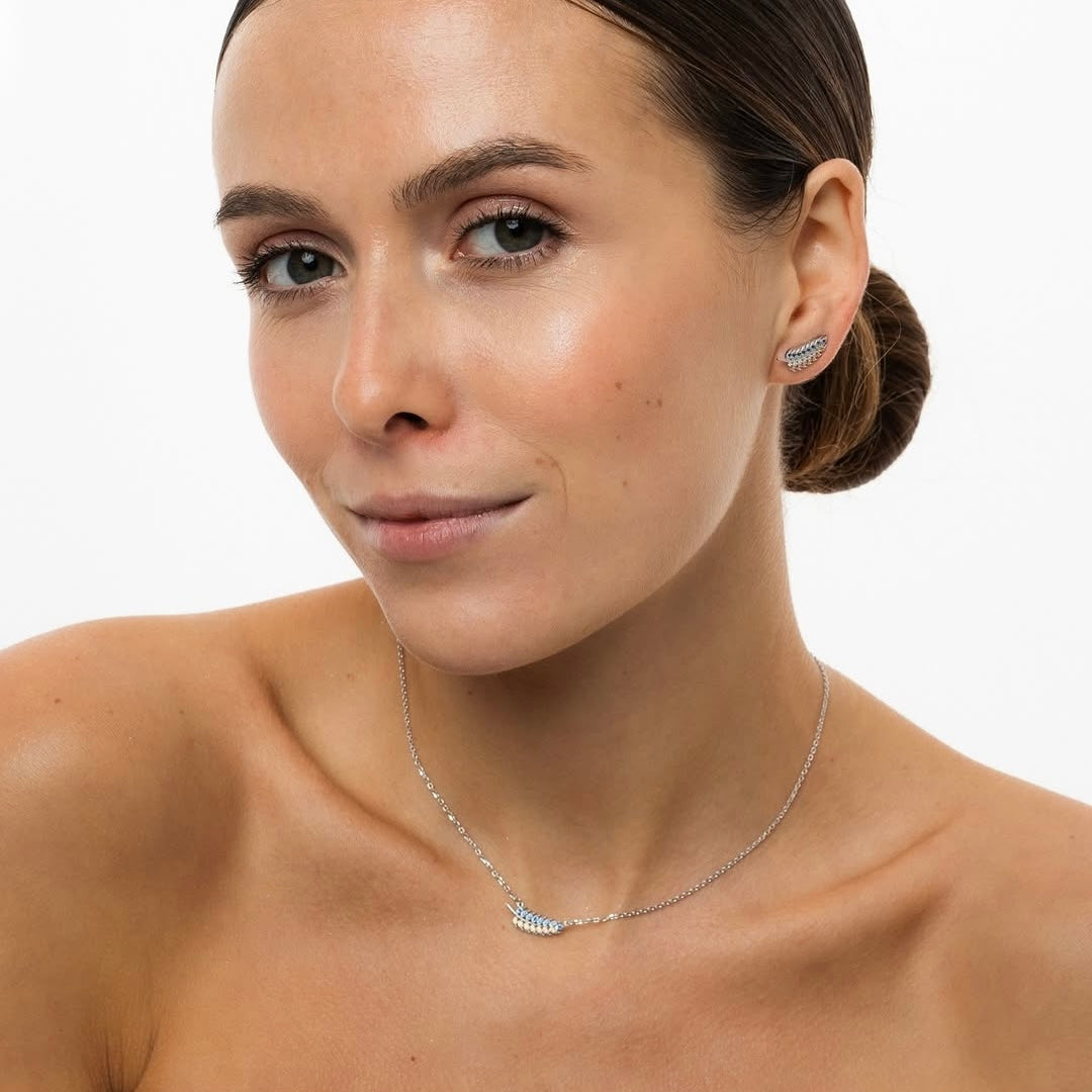 Sky Blue Zirconia Necklace & Ear Cuff Set — 925 Silver — 6439
