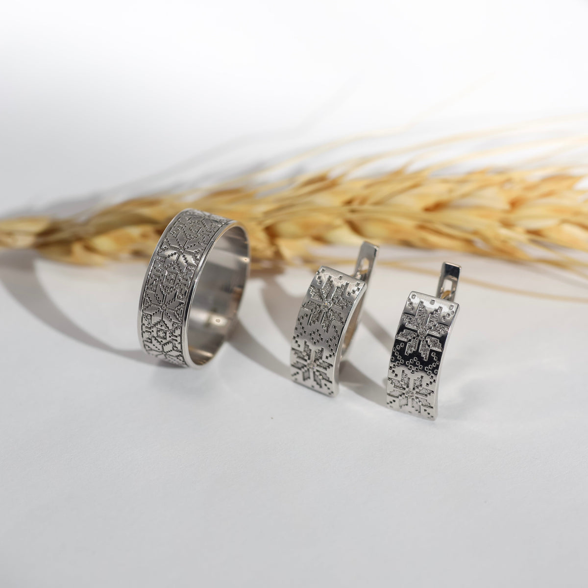 Silver Vyshyvanka Jewelry Set 925 | Сережки + Каблучка | Ukrainian Jewelry |Срібний комплект Вишиванка 925 |