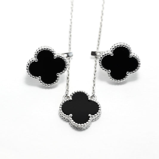 Onyx Clover Jewelry Set Maxi Size | 925 Sterling Silver Luxury Set — Срібний комплект Клевер Maxi з оніксом|552