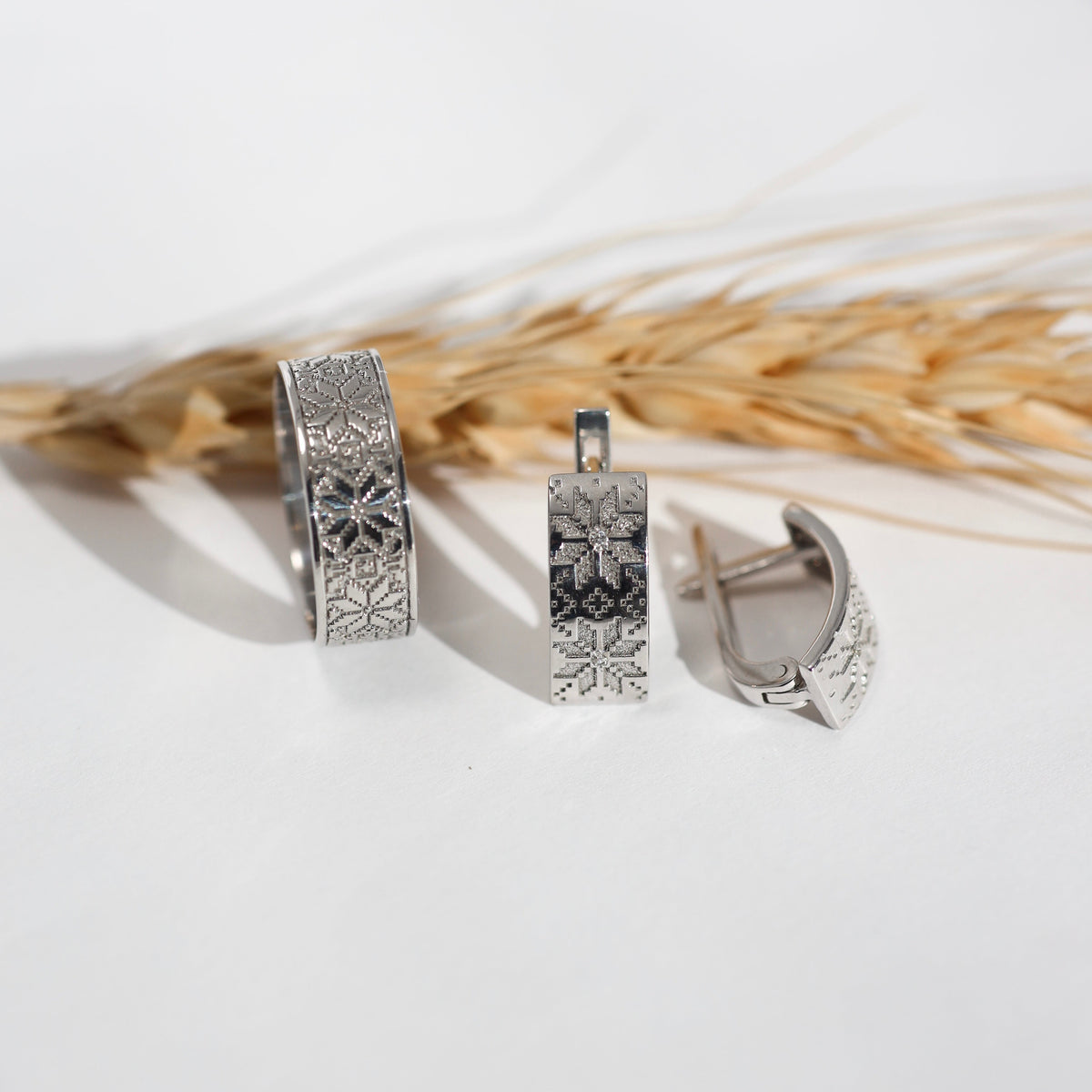 Silver Vyshyvanka Jewelry Set 925 | Сережки + Каблучка | Ukrainian Jewelry |Срібний комплект Вишиванка 925 |