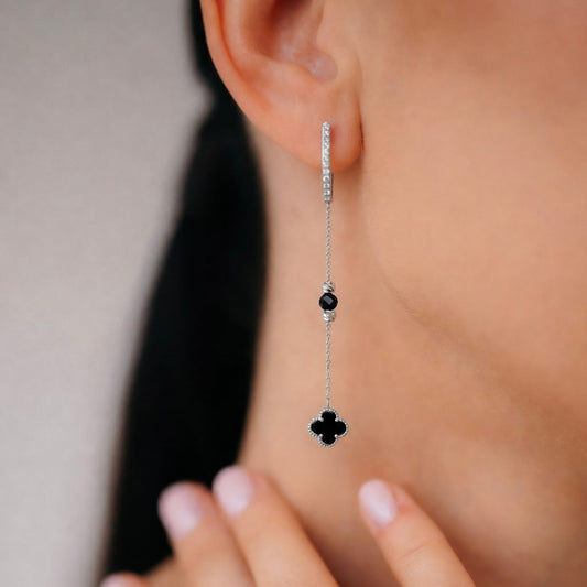 Black Onyx & Zirconia Drop Earrings , 925 Silver , 824