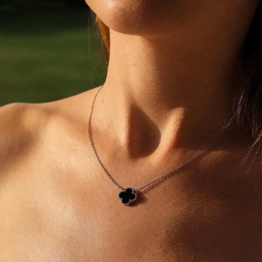 Onyx Clover Jewelry Set Maxi Size | 925 Sterling Silver Luxury Set — Срібний комплект Клевер Maxi з оніксом|552