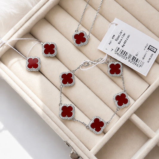 925 Sterling Silver Red Agate Clover Jewelry Set with CZ| Срібний комплект з червоним агатом та фіанітами