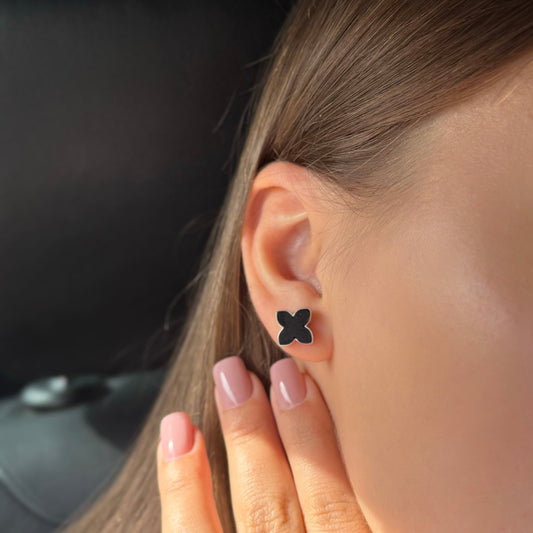 Black Onyx Clover Stud Earrings | 925 Sterling Silver